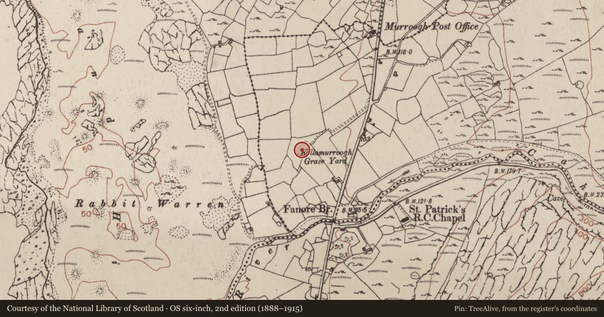 Ordnance Survey six-inch map, 2nd edition (1888–1915) covering the location of Children's burial ground, Murrooghkilly, County Clare, with a pin at the register's coordinates