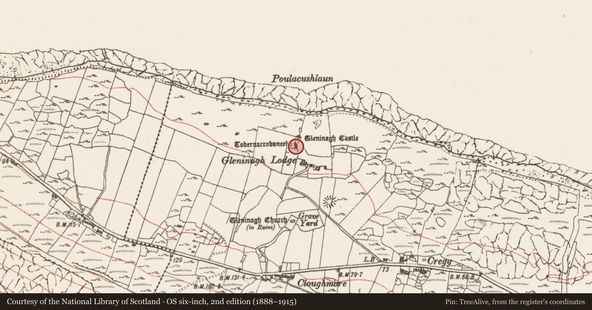 Ordnance Survey six-inch map, 2nd edition (1888–1915) covering the location of Ritual site - holy well, Gleninagh North, County Clare, with a pin at the register's coordinates