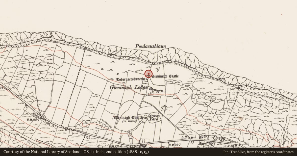 Ordnance Survey six-inch map, 2nd edition (1888–1915) covering the location of House - indeterminate date, Gleninagh North, County Clare, with a pin at the register's coordinates