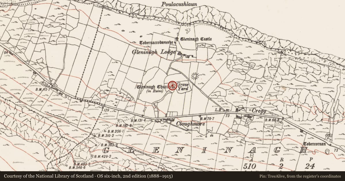 Ordnance Survey six-inch map, 2nd edition (1888–1915) covering the location of Ecclesiastical enclosure, Gleninagh North, County Clare, with a pin at the register's coordinates