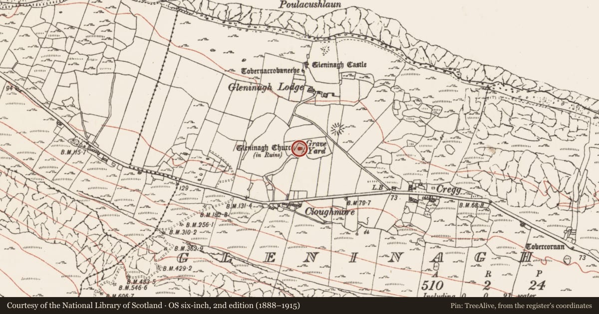 Ordnance Survey six-inch map, 2nd edition (1888–1915) covering the location of Graveyard, Gleninagh North, County Clare, with a pin at the register's coordinates