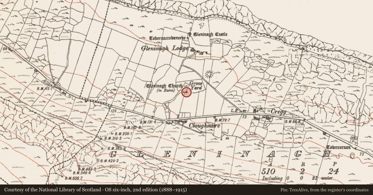 Ordnance Survey six-inch map, 2nd edition (1888–1915) covering the location of Midden, Gleninagh North, County Clare, with a pin at the register's coordinates