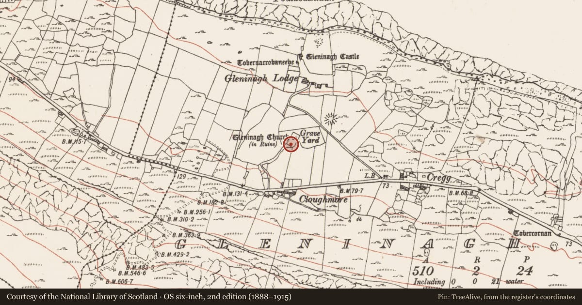 Ordnance Survey six-inch map, 2nd edition (1888–1915) covering the location of Stone sculpture, Gleninagh North, County Clare, with a pin at the register's coordinates