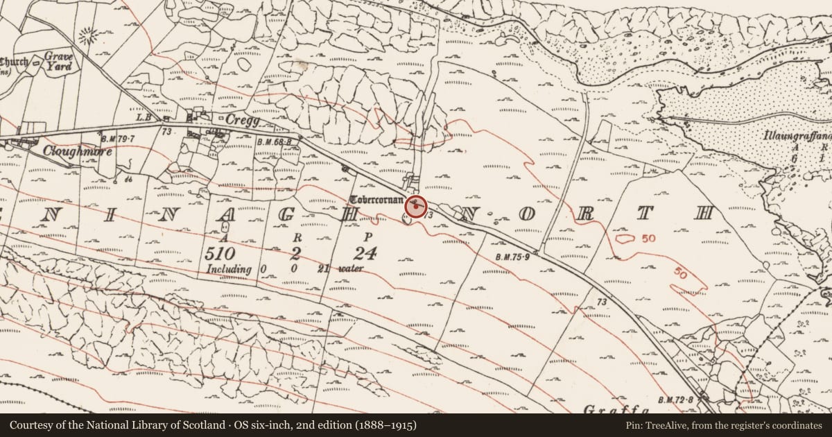 Ordnance Survey six-inch map, 2nd edition (1888–1915) covering the location of Ritual site - holy well, Gleninagh North, County Clare, with a pin at the register's coordinates