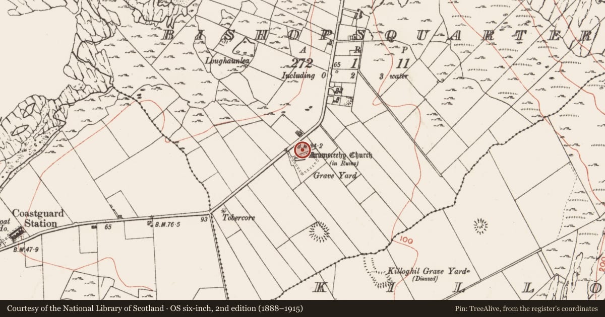 Ordnance Survey six-inch map, 2nd edition (1888–1915) covering the location of Ecclesiastical enclosure, Bishopsquarter, County Clare, with a pin at the register's coordinates