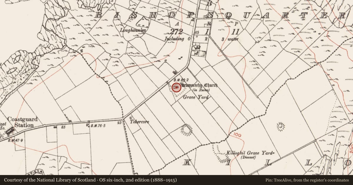 Ordnance Survey six-inch map, 2nd edition (1888–1915) covering the location of Church, Bishopsquarter, County Clare, with a pin at the register's coordinates