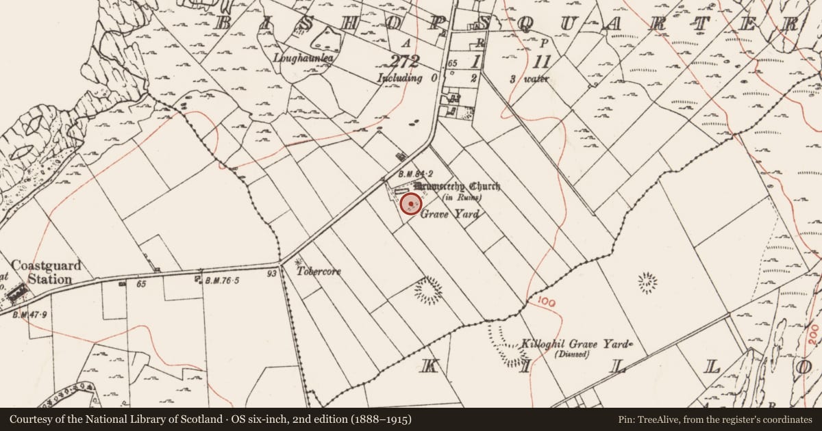 Ordnance Survey six-inch map, 2nd edition (1888–1915) covering the location of Graveyard, Bishopsquarter, County Clare, with a pin at the register's coordinates