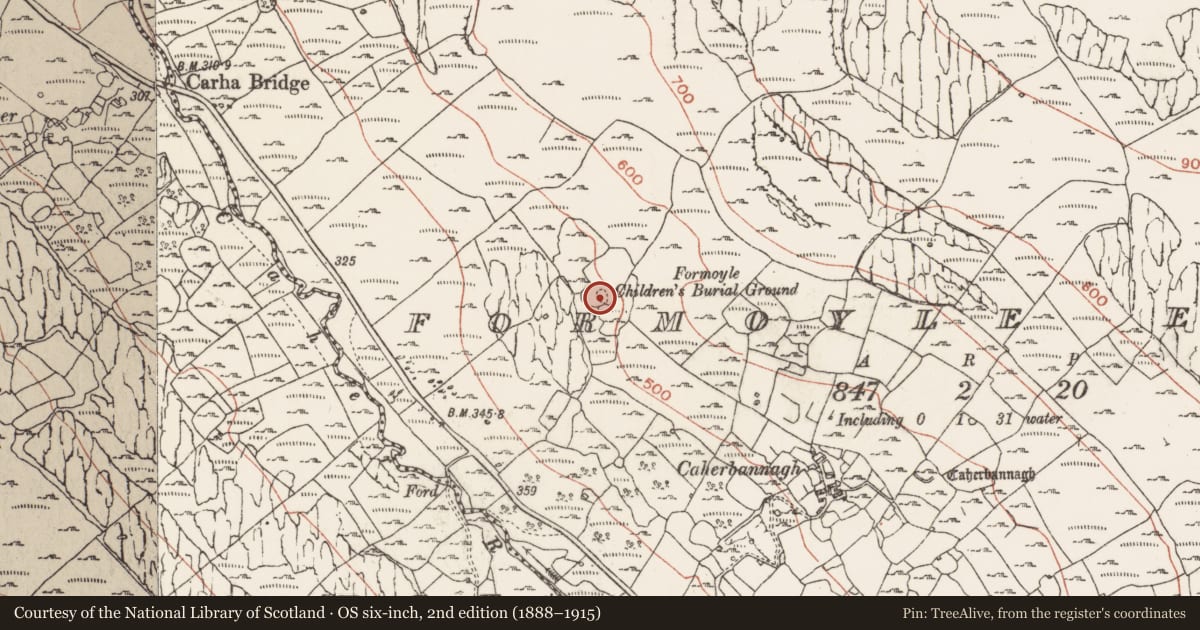 Ordnance Survey six-inch map, 2nd edition (1888–1915) covering the location of Burial ground, Formoyle East, County Clare, with a pin at the register's coordinates