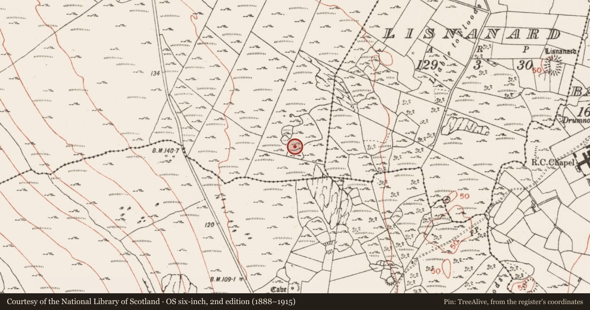 Ordnance Survey six-inch map, 2nd edition (1888–1915) covering the location of Enclosure, Ballyconry, County Clare, with a pin at the register's coordinates