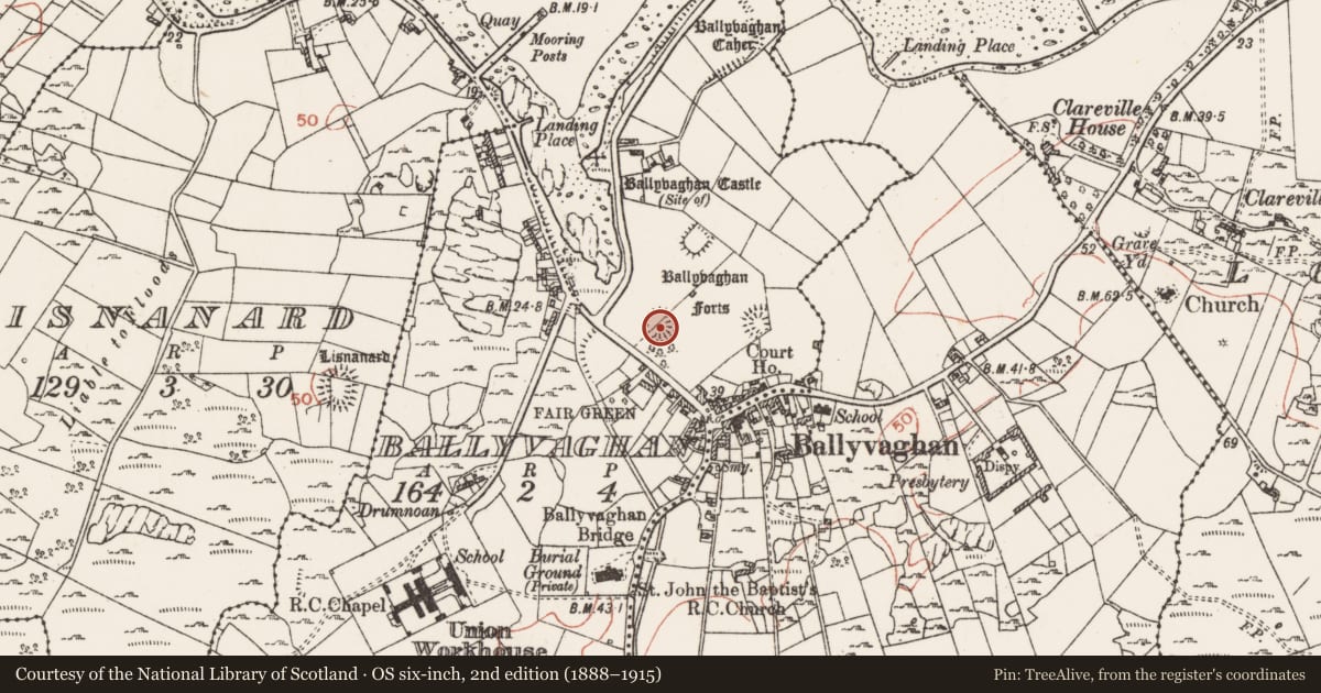 Ordnance Survey six-inch map, 2nd edition (1888–1915) covering the location of Ringfort - cashel, Ballyvaghan, County Clare, with a pin at the register's coordinates