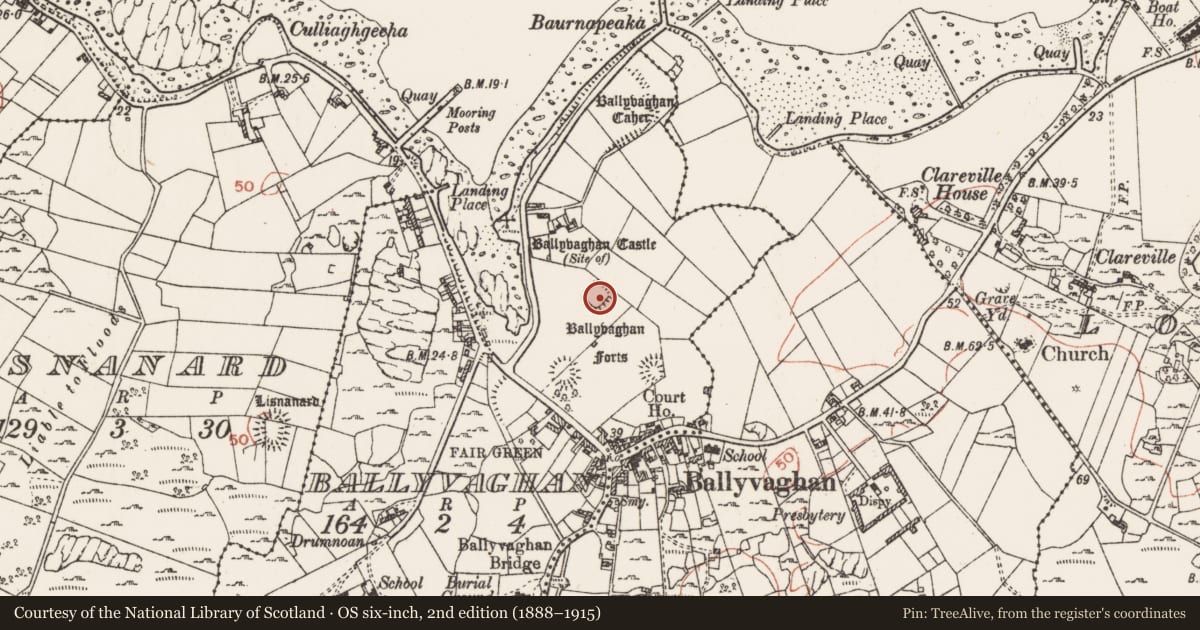 Ordnance Survey six-inch map, 2nd edition (1888–1915) covering the location of Ringfort - rath, Ballyvaghan, County Clare, with a pin at the register's coordinates