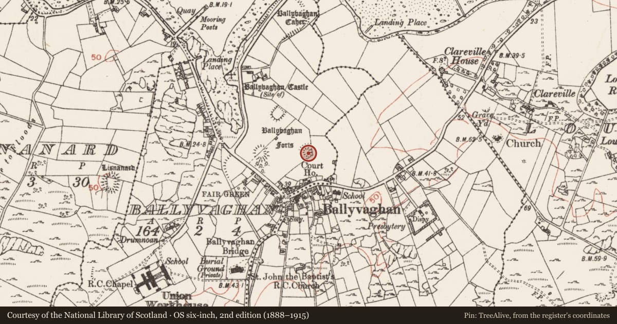 Ordnance Survey six-inch map, 2nd edition (1888–1915) covering the location of Ringfort - rath, Ballyvaghan, County Clare, with a pin at the register's coordinates