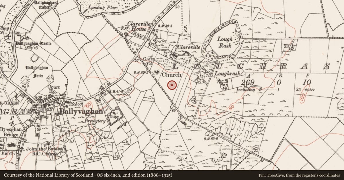 Ordnance Survey six-inch map, 2nd edition (1888–1915) covering the location of Mound, Loughrask, County Clare, with a pin at the register's coordinates