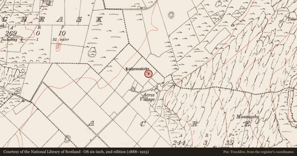 Ordnance Survey six-inch map, 2nd edition (1888–1915) covering the location of Enclosure, Acres, County Clare, with a pin at the register's coordinates
