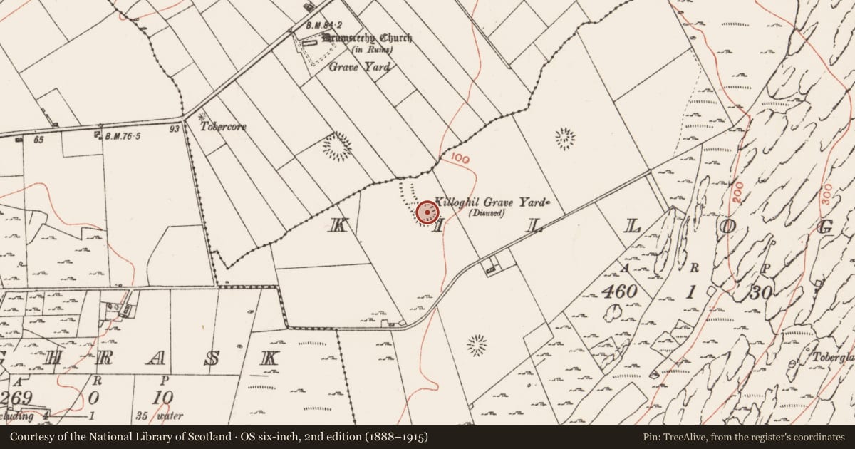 Ordnance Survey six-inch map, 2nd edition (1888–1915) covering the location of Burial ground, Killoghil, County Clare, with a pin at the register's coordinates
