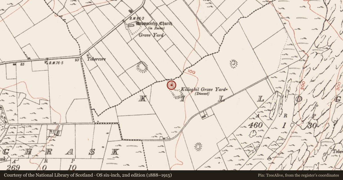 Ordnance Survey six-inch map, 2nd edition (1888–1915) covering the location of Road - road/trackway, Killoghil, County Clare, with a pin at the register's coordinates