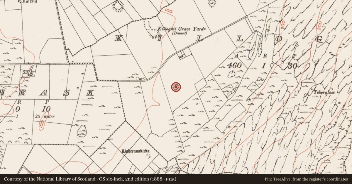Ordnance Survey six-inch map, 2nd edition (1888–1915) covering the location of Ringfort - rath, Killoghil, County Clare, with a pin at the register's coordinates