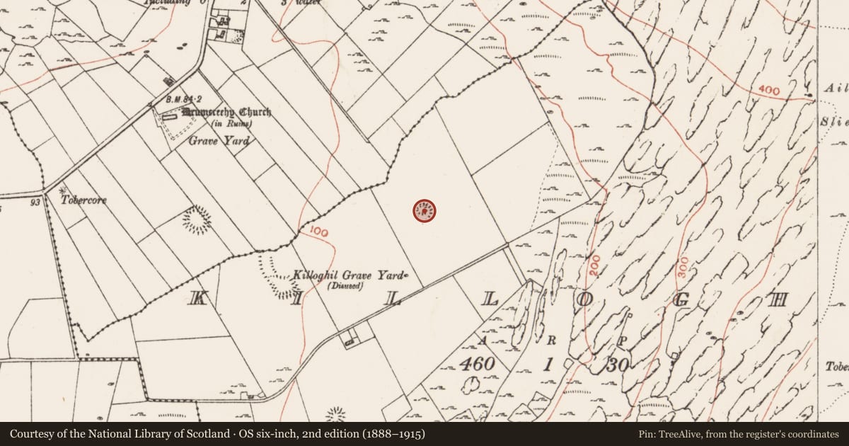 Ordnance Survey six-inch map, 2nd edition (1888–1915) covering the location of Ringfort - rath, Killoghil, County Clare, with a pin at the register's coordinates