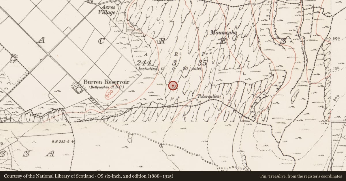 Ordnance Survey six-inch map, 2nd edition (1888–1915) covering the location of Fulacht fia, Acres, County Clare, with a pin at the register's coordinates