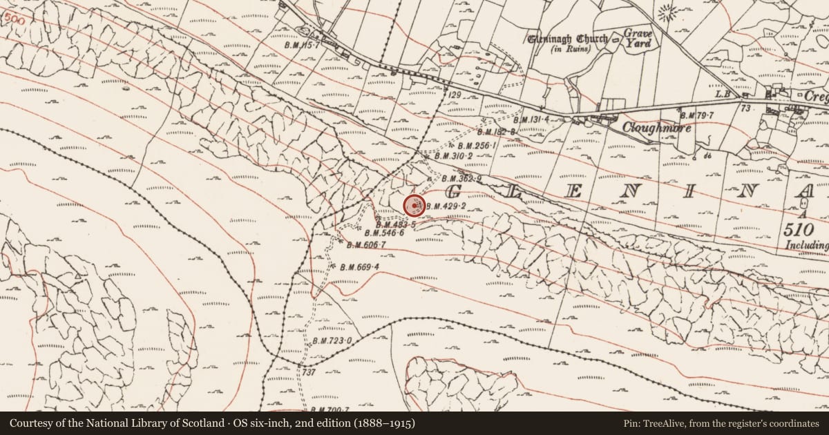 Ordnance Survey six-inch map, 2nd edition (1888–1915) covering the location of Cairn - wayside cairn, Gleninagh North, County Clare, with a pin at the register's coordinates