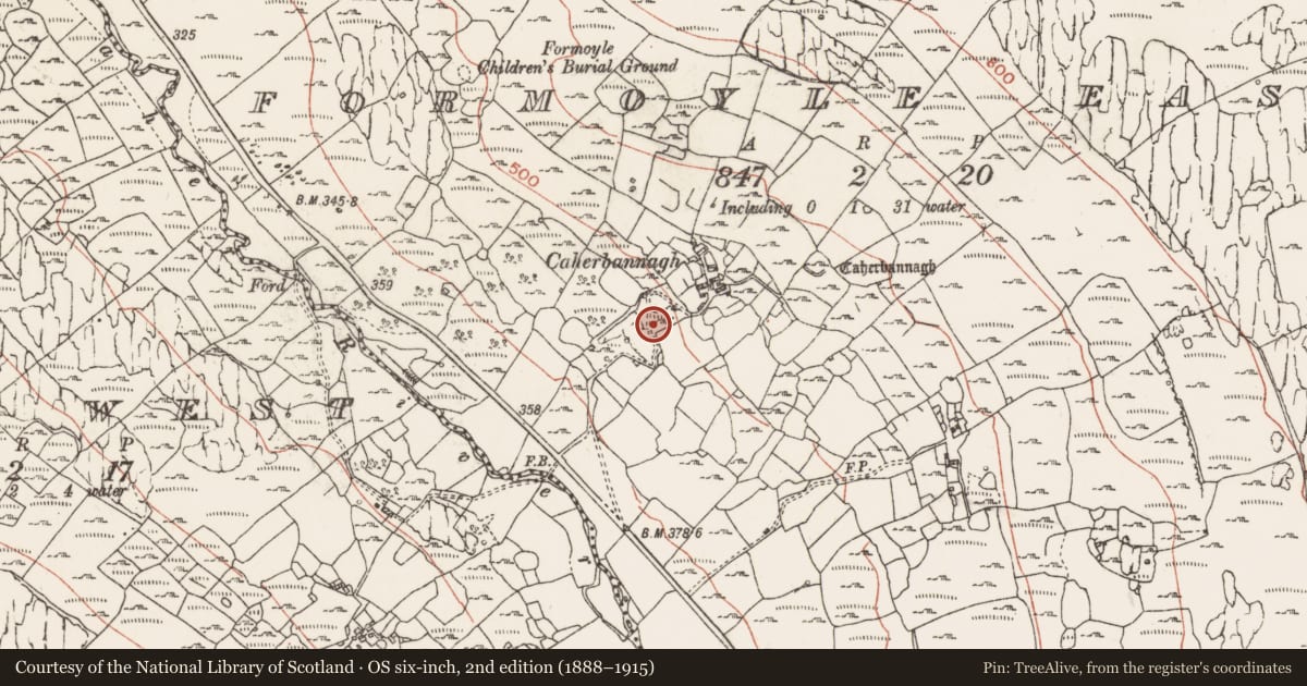 Ordnance Survey six-inch map, 2nd edition (1888–1915) covering the location of Fulacht fia, Formoyle East, County Clare, with a pin at the register's coordinates