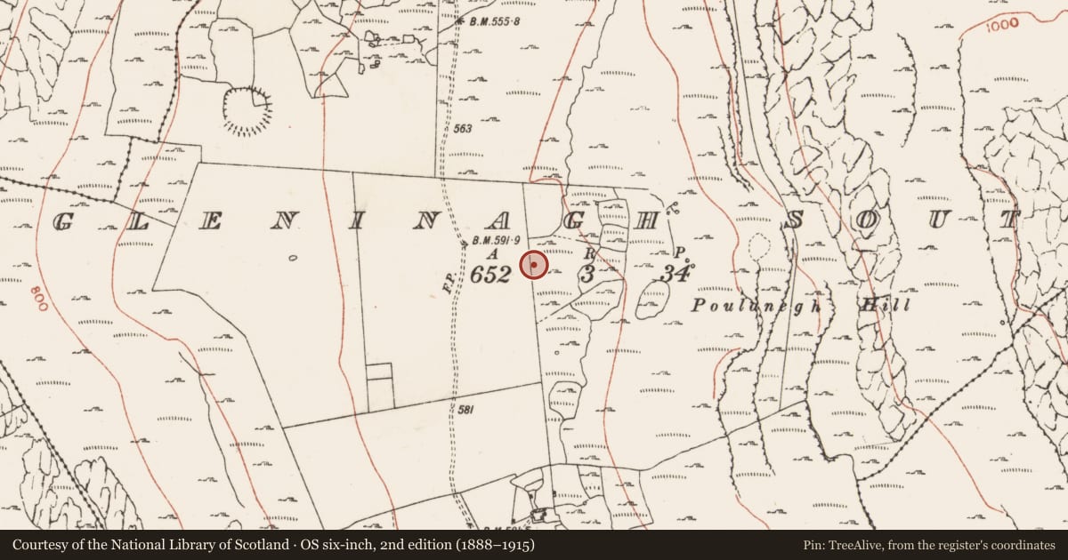 Ordnance Survey six-inch map, 2nd edition (1888–1915) covering the location of Field system, Gleninagh South, County Clare, with a pin at the register's coordinates