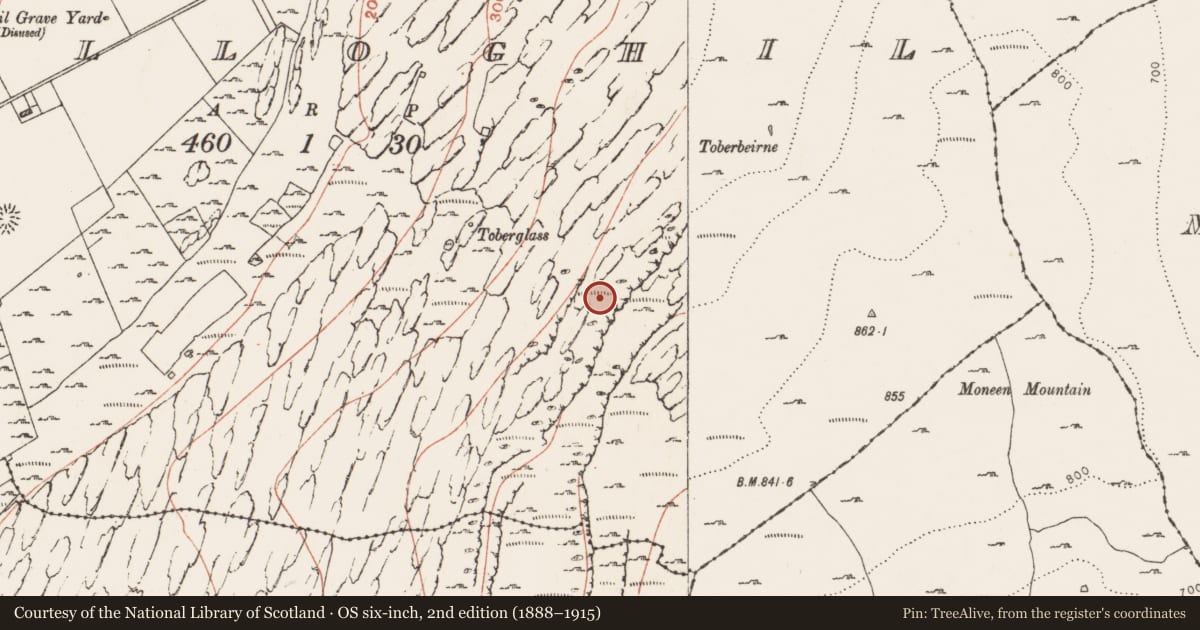 Ordnance Survey six-inch map, 2nd edition (1888–1915) covering the location of Fulacht fia, Killoghil, County Clare, with a pin at the register's coordinates