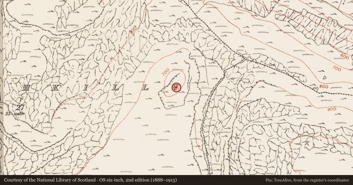 Ordnance Survey six-inch map, 2nd edition (1888–1915) covering the location of Enclosure, Murrooghkilly, County Clare, with a pin at the register's coordinates