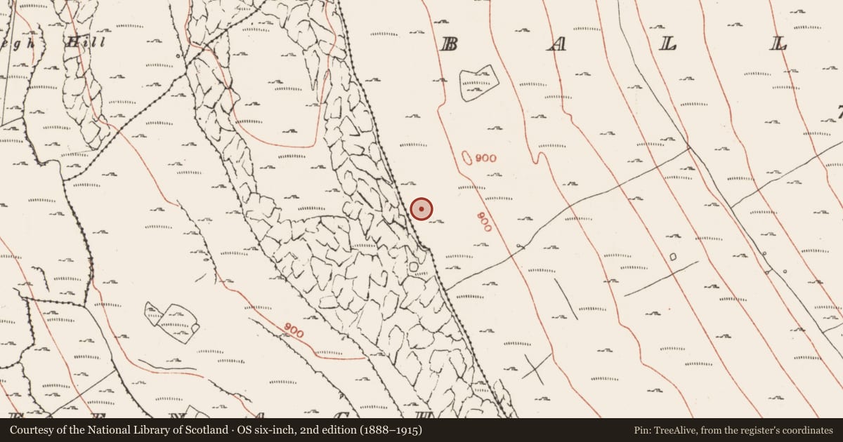 Ordnance Survey six-inch map, 2nd edition (1888–1915) covering the location of Hut site, Ballyconry, County Clare, with a pin at the register's coordinates