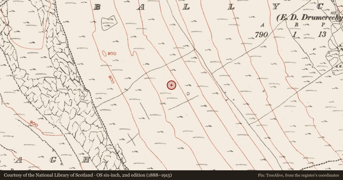 Ordnance Survey six-inch map, 2nd edition (1888–1915) covering the location of Enclosure, Ballyconry, County Clare, with a pin at the register's coordinates