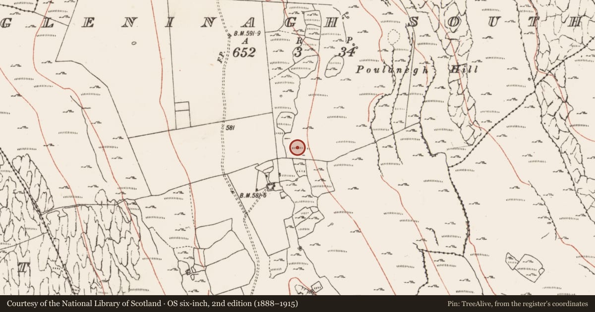 Ordnance Survey six-inch map, 2nd edition (1888–1915) covering the location of Hut site, Gleninagh South, County Clare, with a pin at the register's coordinates