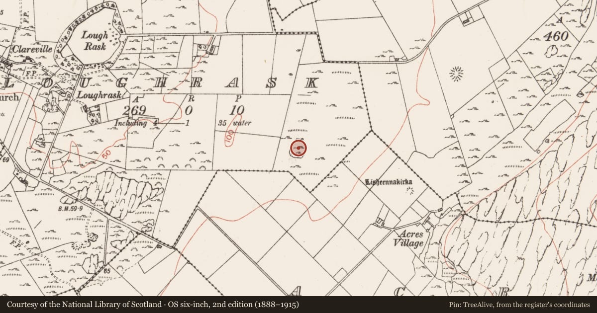 Ordnance Survey six-inch map, 2nd edition (1888–1915) covering the location of Enclosure, Loughrask, County Clare, with a pin at the register's coordinates