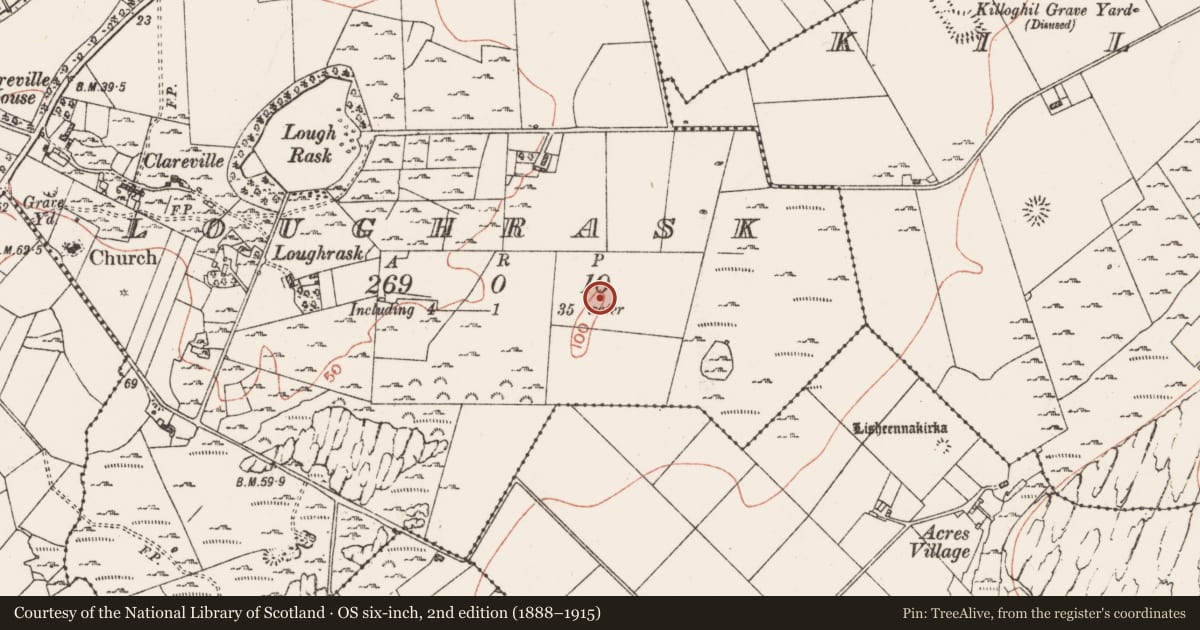 Ordnance Survey six-inch map, 2nd edition (1888–1915) covering the location of Ringfort - rath, Loughrask, County Clare, with a pin at the register's coordinates