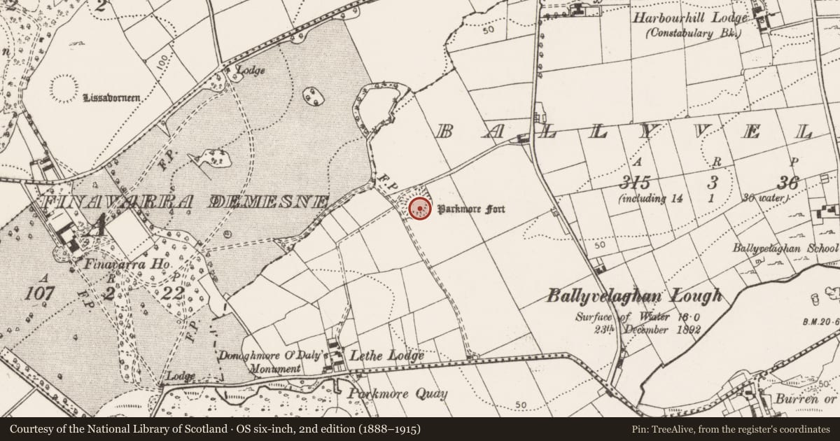 Ordnance Survey six-inch map, 2nd edition (1888–1915) covering the location of Ringfort - unclassified, Ballyvelaghan, County Clare, with a pin at the register's coordinates