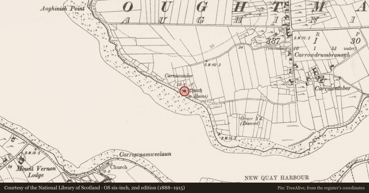 Ordnance Survey six-inch map, 2nd edition (1888–1915) covering the location of Ecclesiastical enclosure, Aughinish, County Clare, with a pin at the register's coordinates