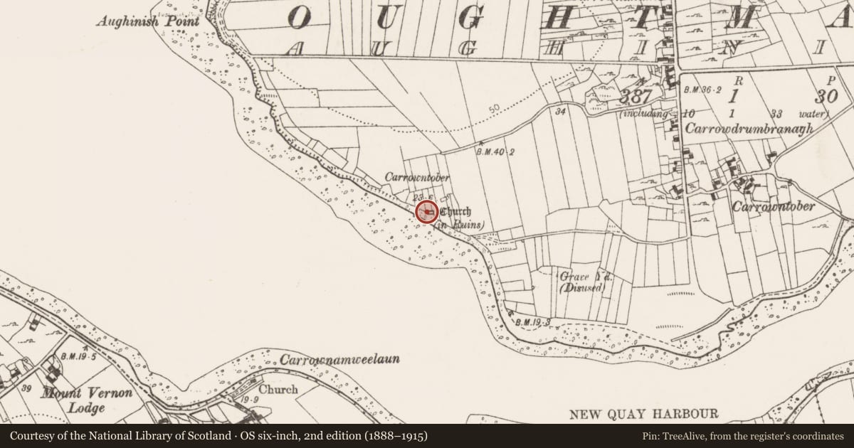 Ordnance Survey six-inch map, 2nd edition (1888–1915) covering the location of Midden, Aughinish, County Clare, with a pin at the register's coordinates
