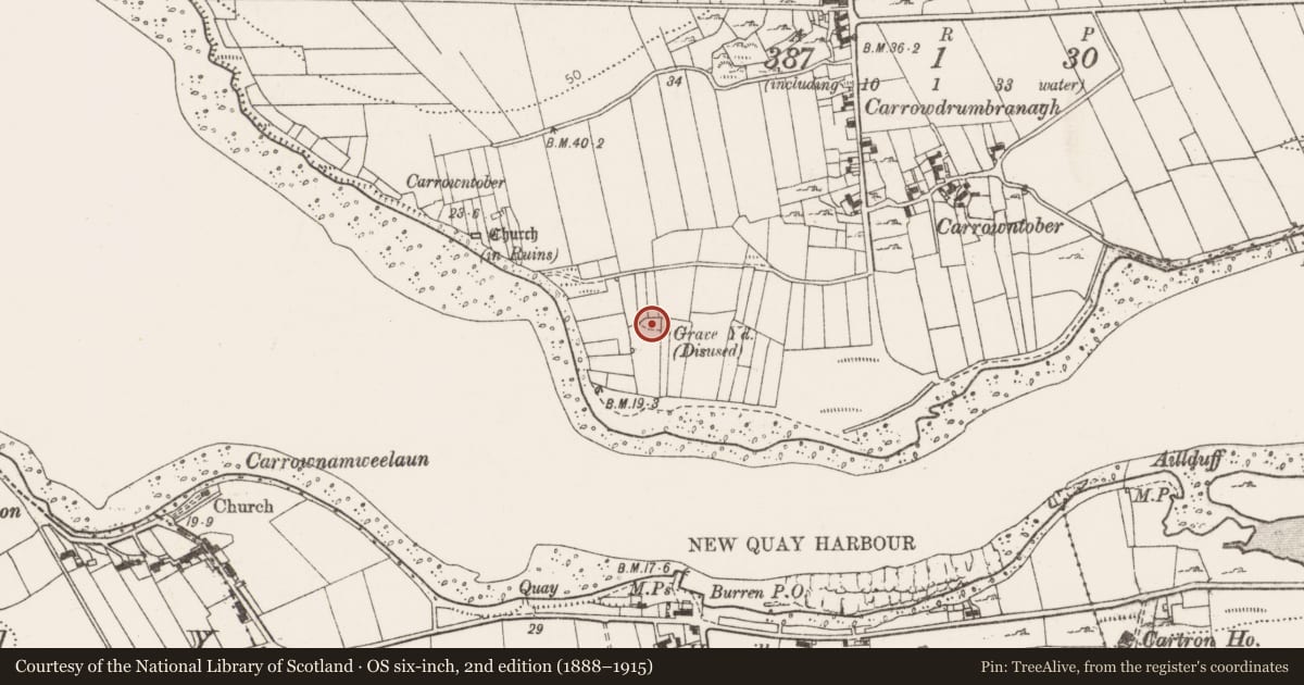 Ordnance Survey six-inch map, 2nd edition (1888–1915) covering the location of Children's burial ground, Aughinish, County Clare, with a pin at the register's coordinates