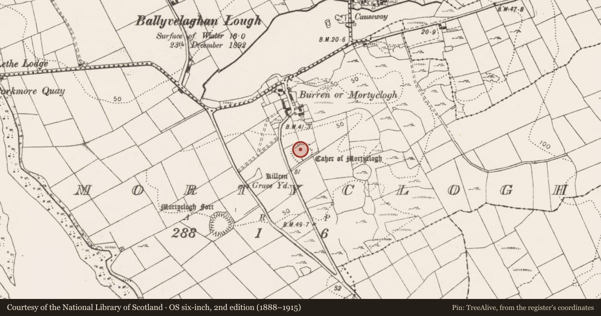 Ordnance Survey six-inch map, 2nd edition (1888–1915) covering the location of House - indeterminate date, Mortyclogh, County Clare, with a pin at the register's coordinates