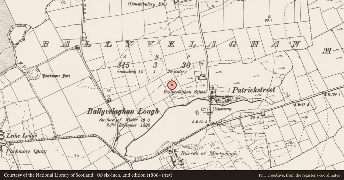 Ordnance Survey six-inch map, 2nd edition (1888–1915) covering the location of Enclosure, Ballyvelaghan, County Clare, with a pin at the register's coordinates