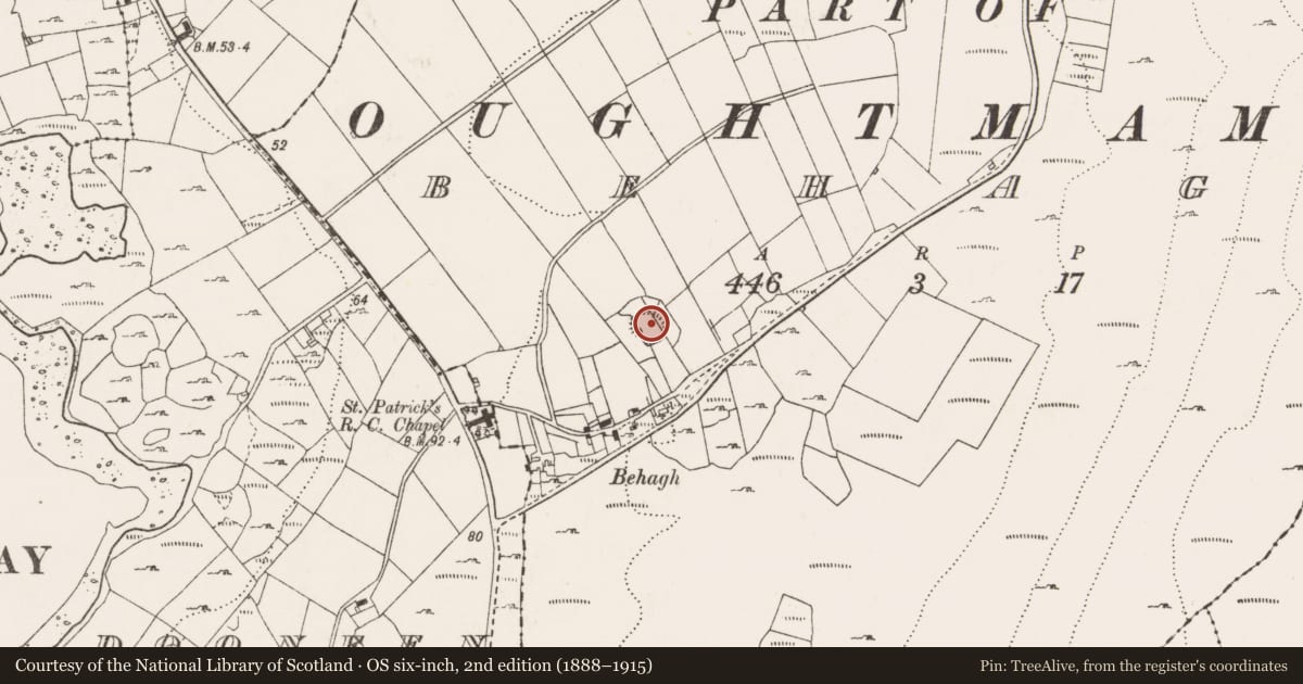 Ordnance Survey six-inch map, 2nd edition (1888–1915) covering the location of Souterrain, Behagh, County Clare, with a pin at the register's coordinates