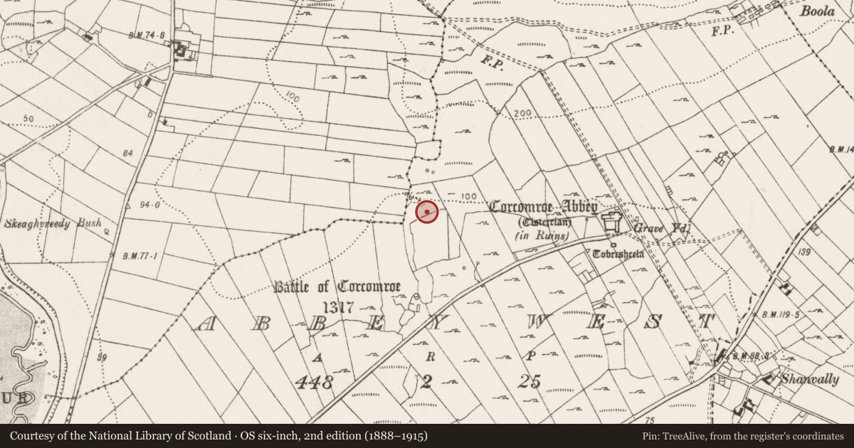 Ordnance Survey six-inch map, 2nd edition (1888–1915) covering the location of Fulacht fia, Abbey West, County Clare, with a pin at the register's coordinates