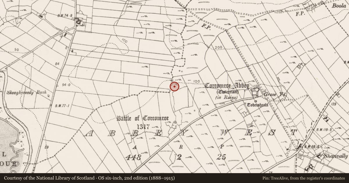 Ordnance Survey six-inch map, 2nd edition (1888–1915) covering the location of Burnt mound, Abbey West, Dooneen, County Clare, with a pin at the register's coordinates