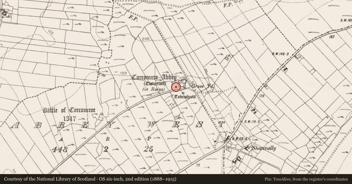 Ordnance Survey six-inch map, 2nd edition (1888–1915) covering the location of Walled garden, Abbey West, County Clare, with a pin at the register's coordinates