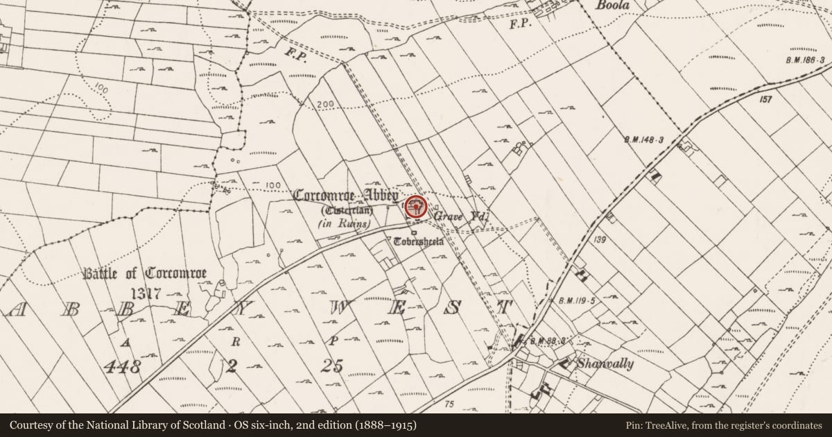 Ordnance Survey six-inch map, 2nd edition (1888–1915) covering the location of Religious house - Cistercian monks, Abbey West, County Clare, with a pin at the register's coordinates