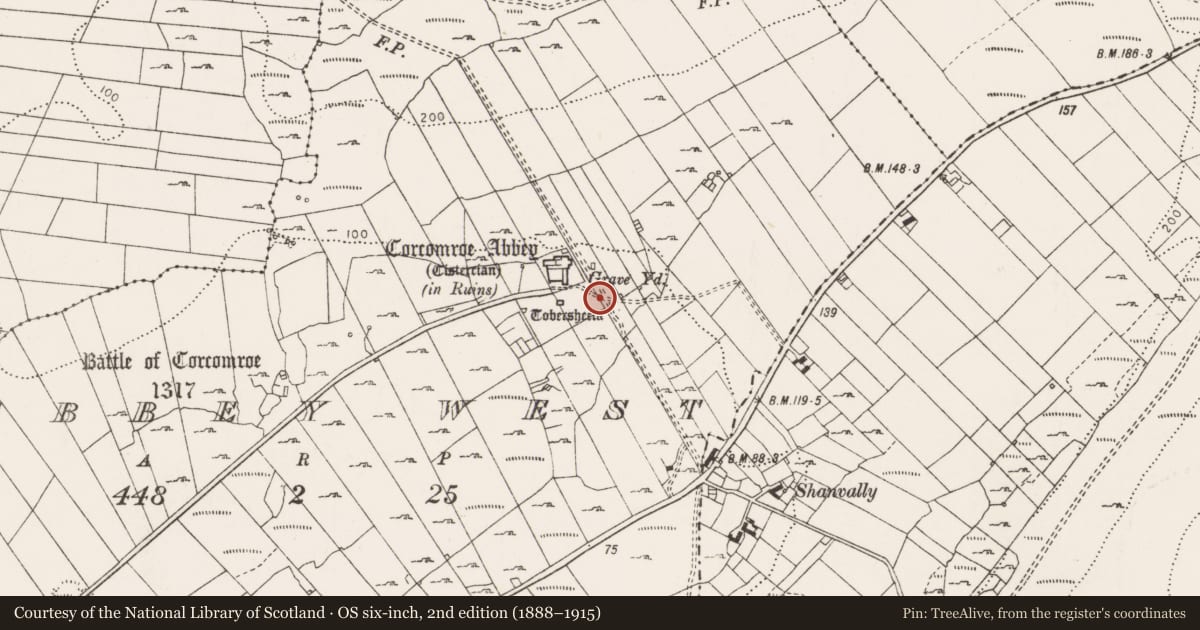 Ordnance Survey six-inch map, 2nd edition (1888–1915) covering the location of Ritual site - holy well, Abbey West, County Clare, with a pin at the register's coordinates