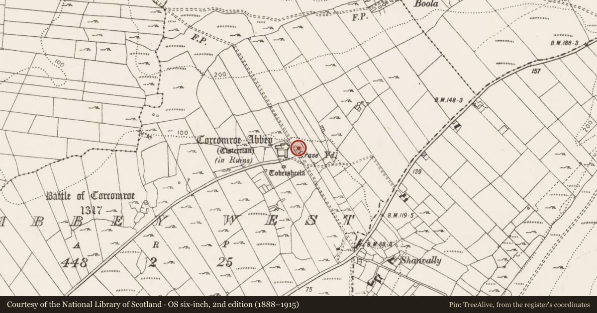 Ordnance Survey six-inch map, 2nd edition (1888–1915) covering the location of Building, Abbey West, County Clare, with a pin at the register's coordinates