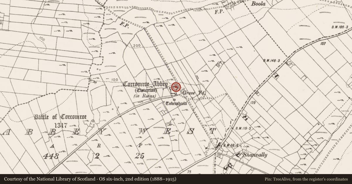 Ordnance Survey six-inch map, 2nd edition (1888–1915) covering the location of Tomb - effigial, Abbey West, County Clare, with a pin at the register's coordinates