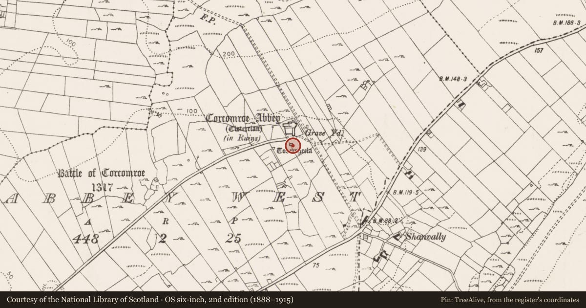 Ordnance Survey six-inch map, 2nd edition (1888–1915) covering the location of Building, Abbey West, County Clare, with a pin at the register's coordinates