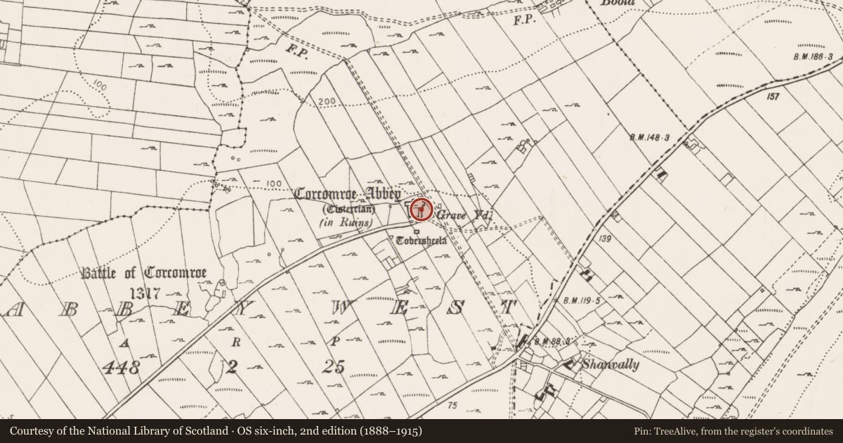Ordnance Survey six-inch map, 2nd edition (1888–1915) covering the location of Graveslab, Abbey West, County Clare, with a pin at the register's coordinates