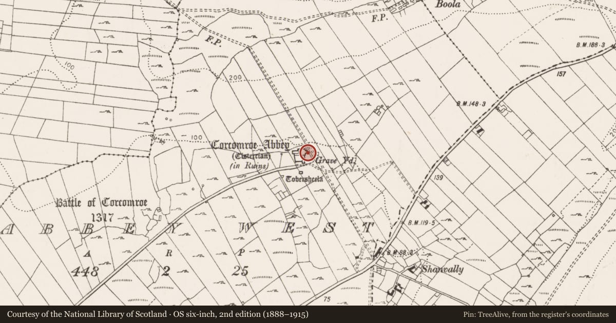 Ordnance Survey six-inch map, 2nd edition (1888–1915) covering the location of Graveslab, Abbey West, County Clare, with a pin at the register's coordinates